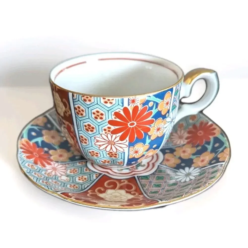 Vtg Arita Imari Teacup Saucer Set Japan Porcelain Fan Shape Kutani